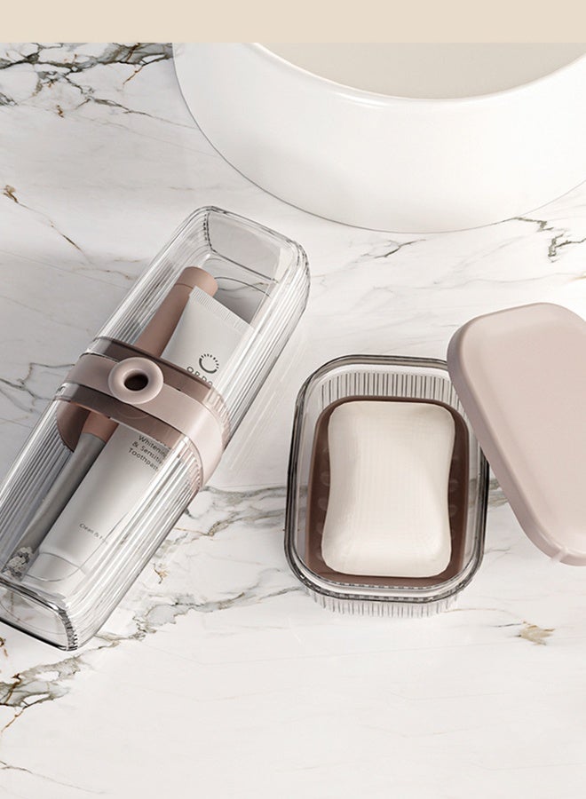 هومستر غسول الفم المتحرك المحمول ومجموعة صناديق الصابون -صندوق الصابون، صندوق فرشاة الأسنان -وعاء صابون مقاوم للتسرب مع حامل فرشاة الأسنان، منظم مرحاض صغير الحجم لدش الحمام، صالة للألعاب الرياضية، المدرسة، التخييم، العطلات، مجموعة دش الحمام للاستخدام الخارجي (رمادي 6.9*6.9*20 سم/7*4*11 سم) - Image 4